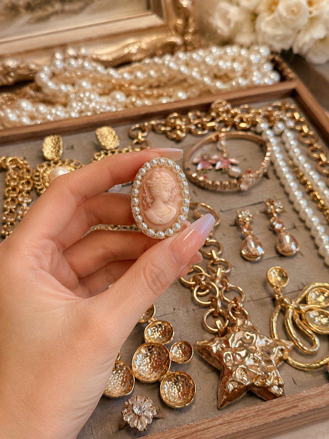 Gold Tone Pearl Style Mystery Jewelry Jar curated fashion jewelry assortment