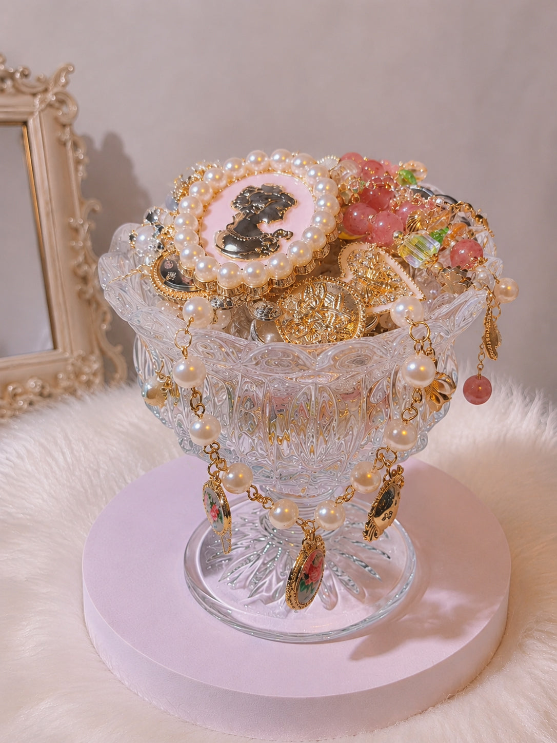 Pink Gold Tone Coquette Mystery Jewelry Jar curated fashion jewelry assortment