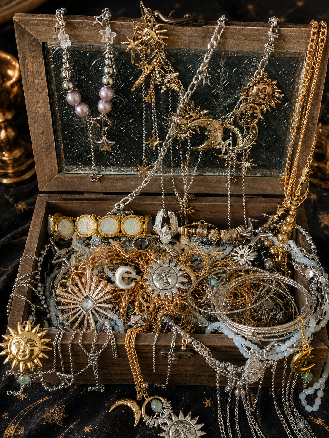Celestial Gold Tone and Silver Tone Mystery Jewelry Jar curated fashion jewelry assortment