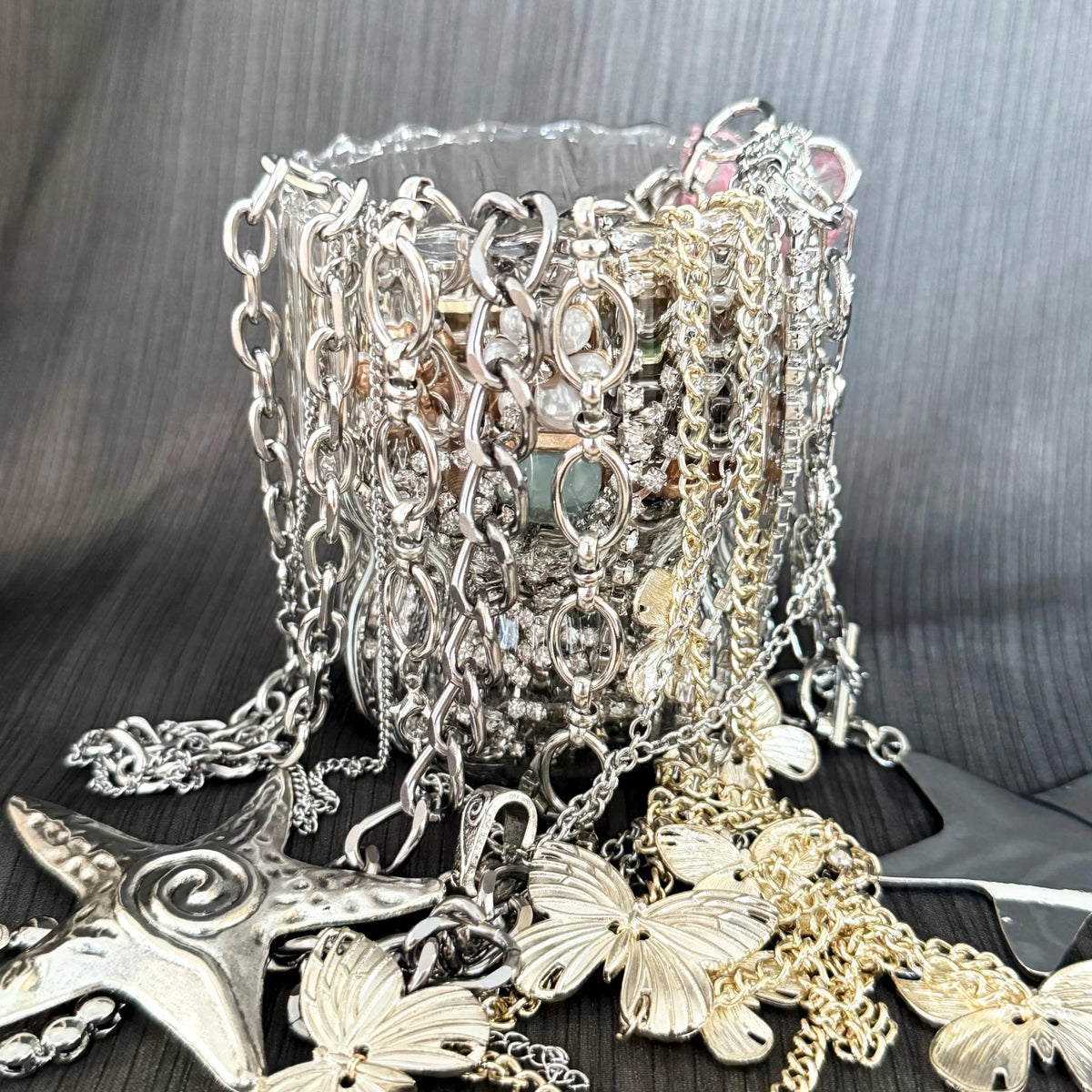 Silver Tone Mystery Jewelry Jar curated fashion jewelry assortment