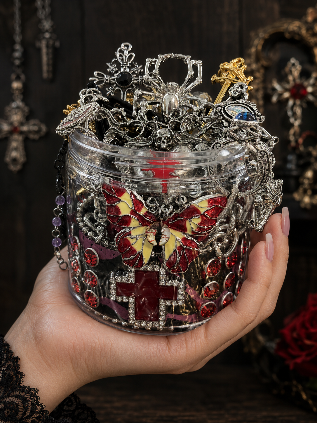 Crimson Gothic Mystery Jewelry Jar curated fashion jewelry assortment