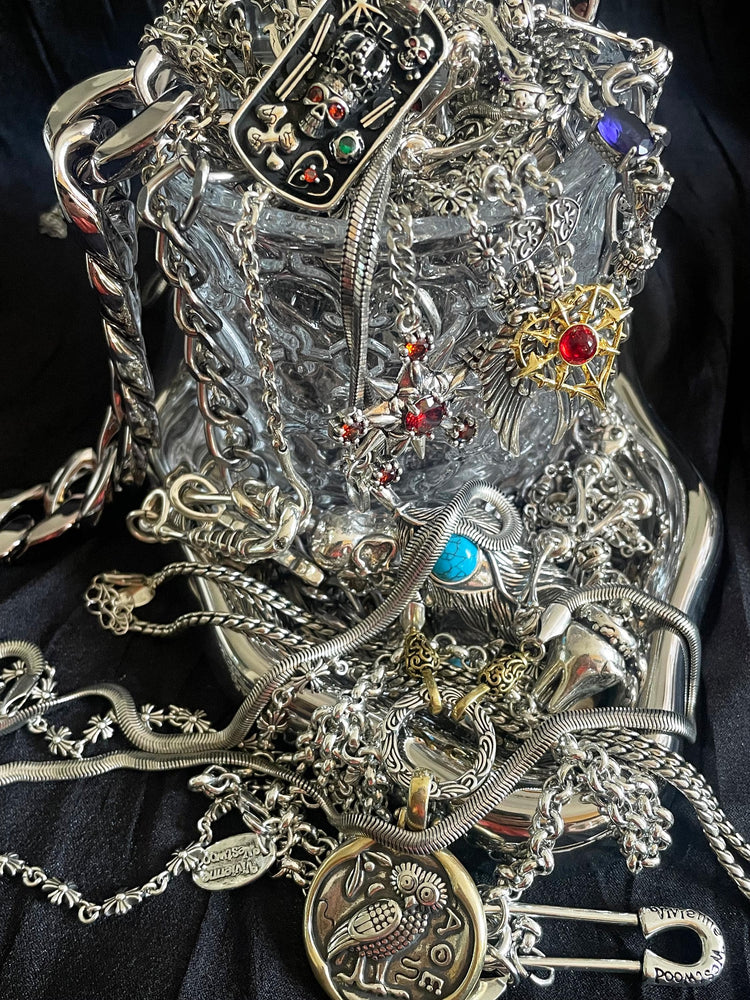 Chrome Punk Silver Tone Mystery Jewelry Jar curated fashion jewelry assortment
