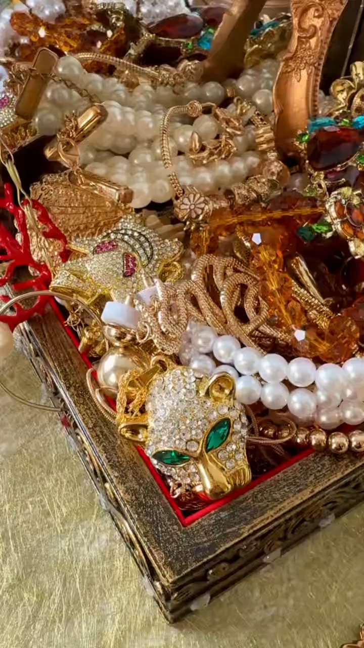 Vintage Inspired Gold Tone Mystery Jewelry Jar curated fashion jewelry assortment