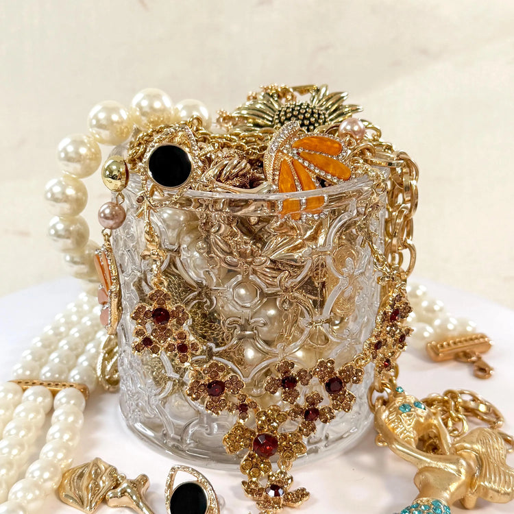 Vintage Inspired Gold Tone Mystery Jewelry Jar curated fashion jewelry assortment