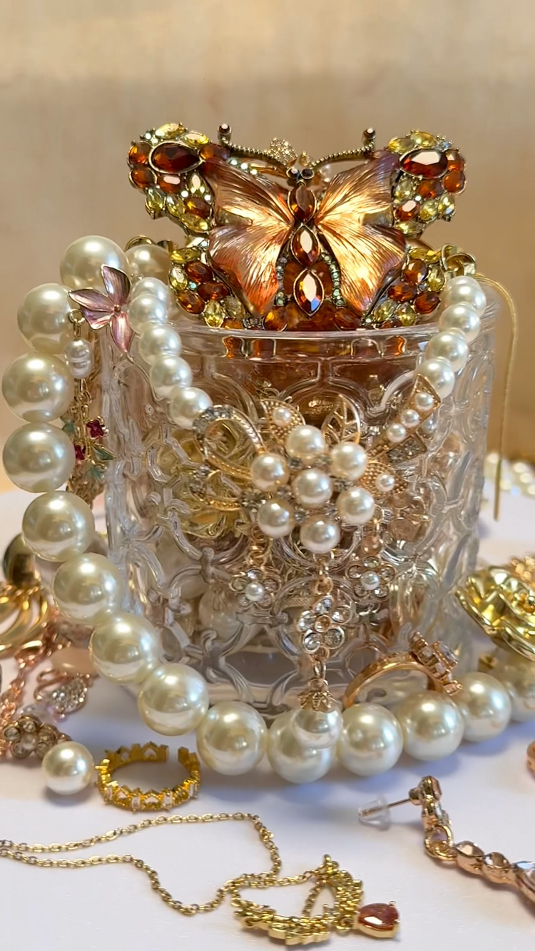 Gold Tone Pearl Style Mystery Jewelry Jar curated fashion jewelry assortment