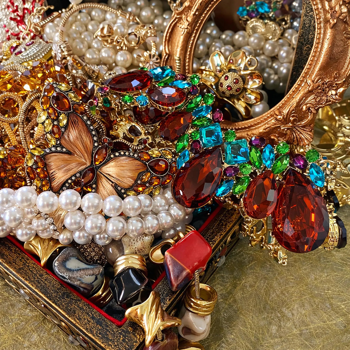 Vintage Inspired Gold Tone Mystery Jewelry Jar curated fashion jewelry assortment
