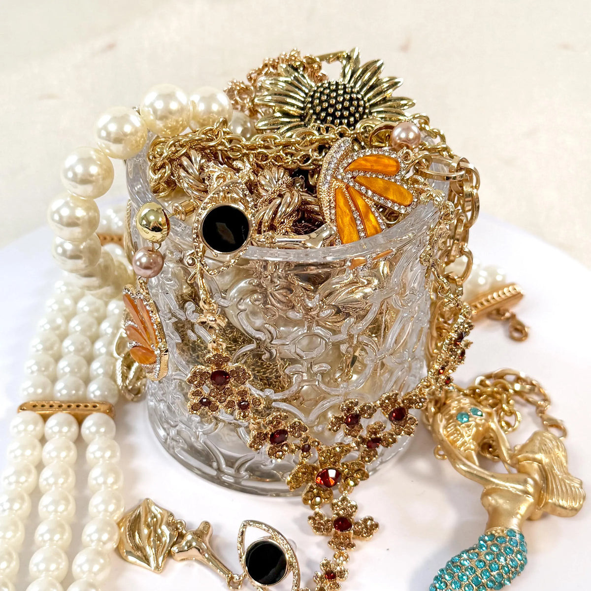 Vintage Inspired Gold Tone Mystery Jewelry Jar curated fashion jewelry assortment