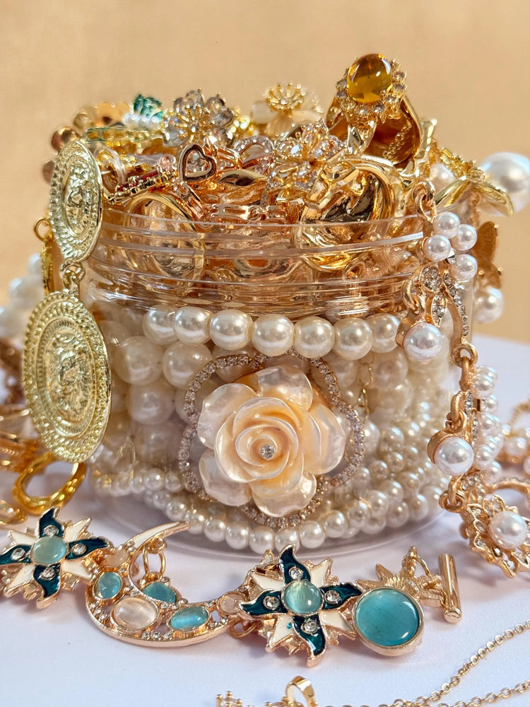 Pink Gold Tone Coquette Mystery Jewelry Jar curated fashion jewelry assortment