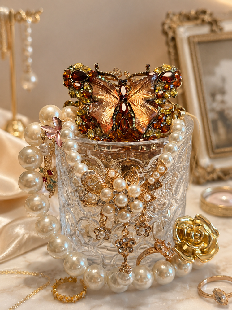 Gold Tone Pearl Style Mystery Jewelry Jar curated fashion jewelry assortment