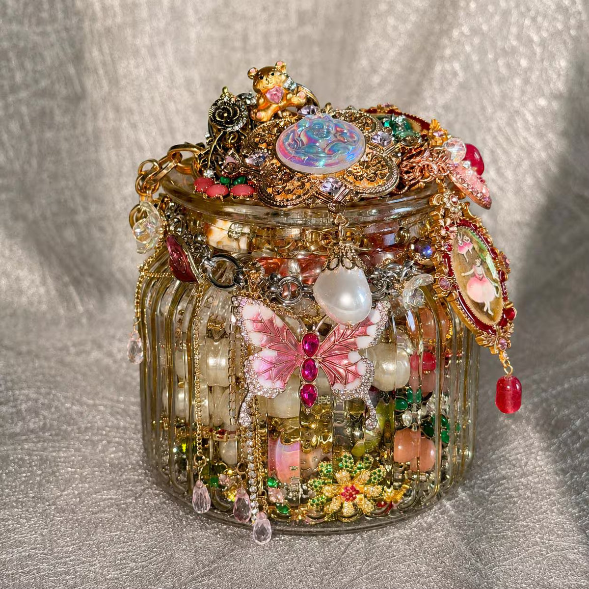 Pink Gold Tone Coquette Mystery Jewelry Jar curated fashion jewelry assortment