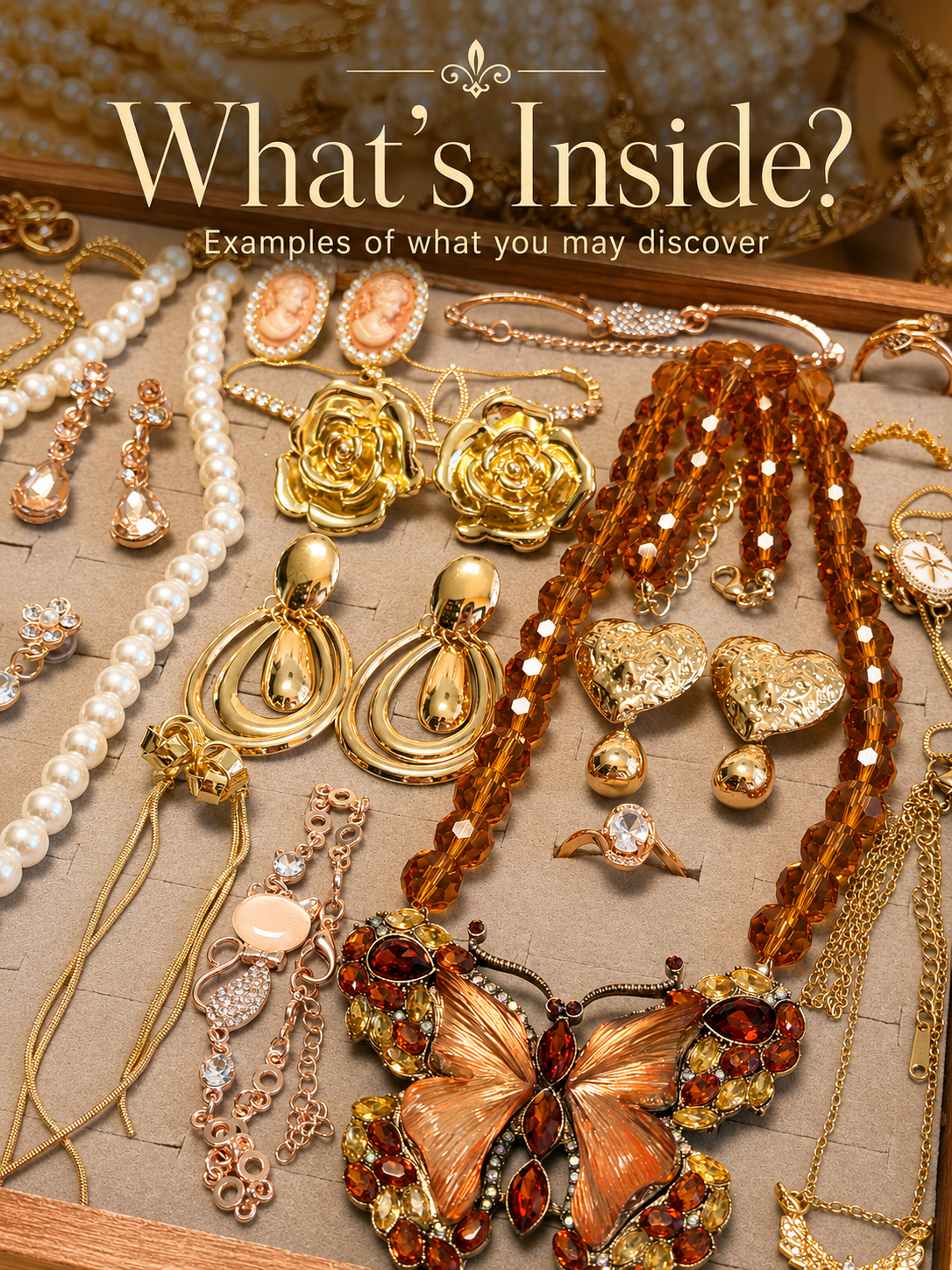 Gold Tone Pearl Style Mystery Jewelry Jar curated fashion jewelry assortment