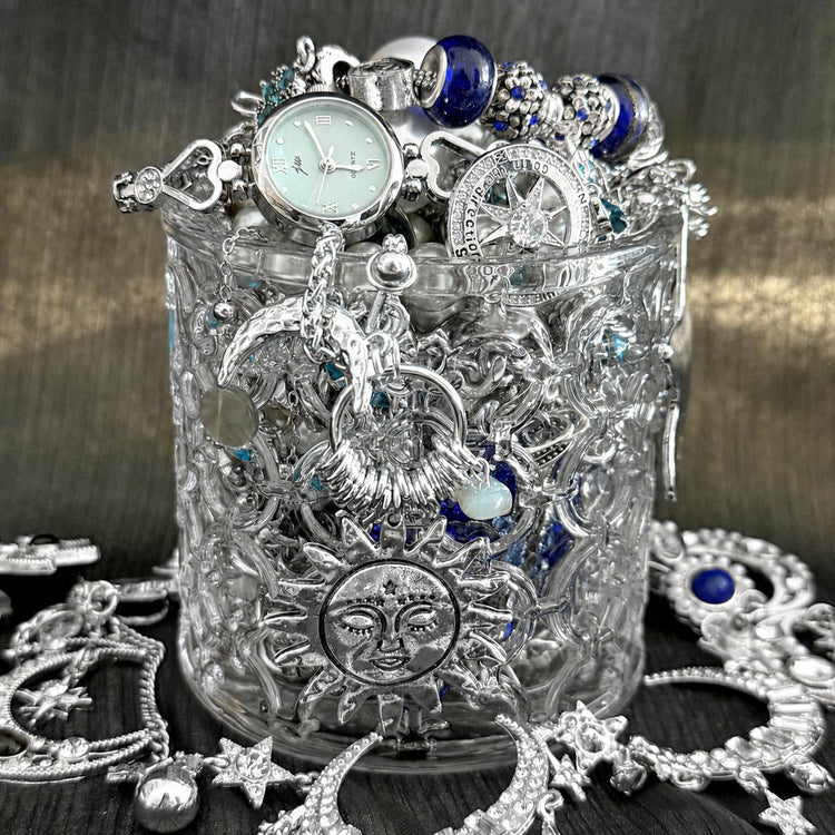 Silver Tone Celestial Mystery Jewelry Box curated fashion jewelry assortment
