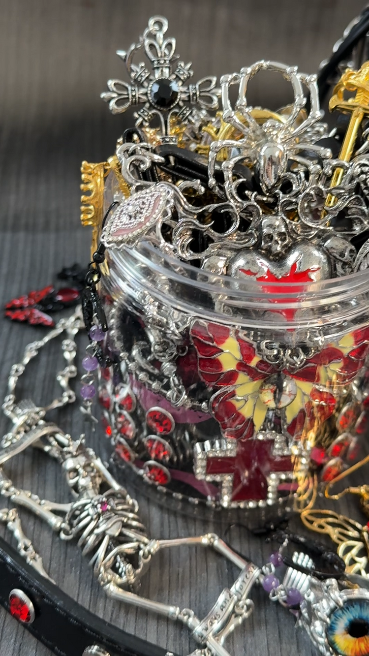 Crimson Gothic Mystery Jewelry Jar curated fashion jewelry assortment