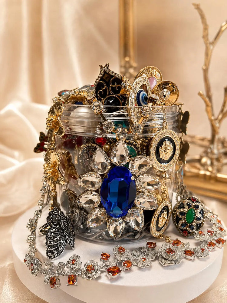Vintage Inspired Gold Tone Mystery Jewelry Jar curated fashion jewelry assortment