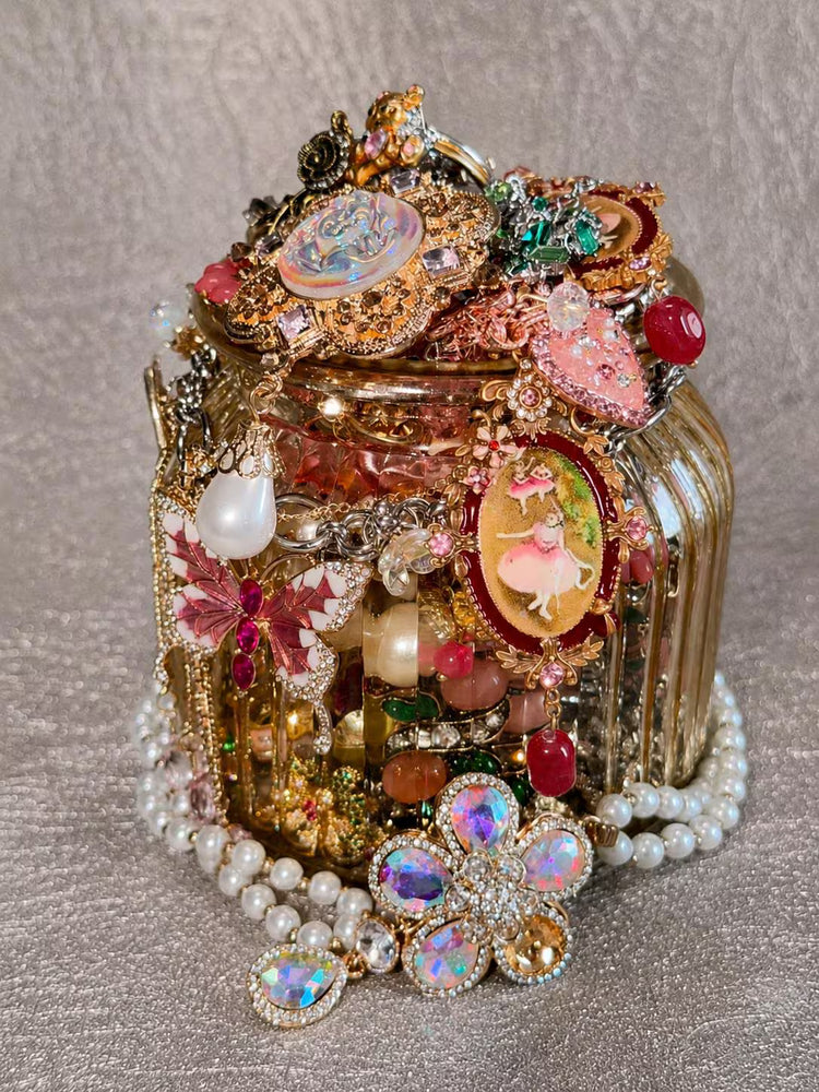 Pink Gold Tone Coquette Mystery Jewelry Jar curated fashion jewelry assortment