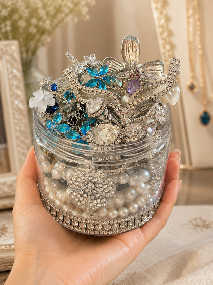 Vintage Inspired Silver Tone Treasure Mystery Jewelry Jar curated fashion jewelry assortment