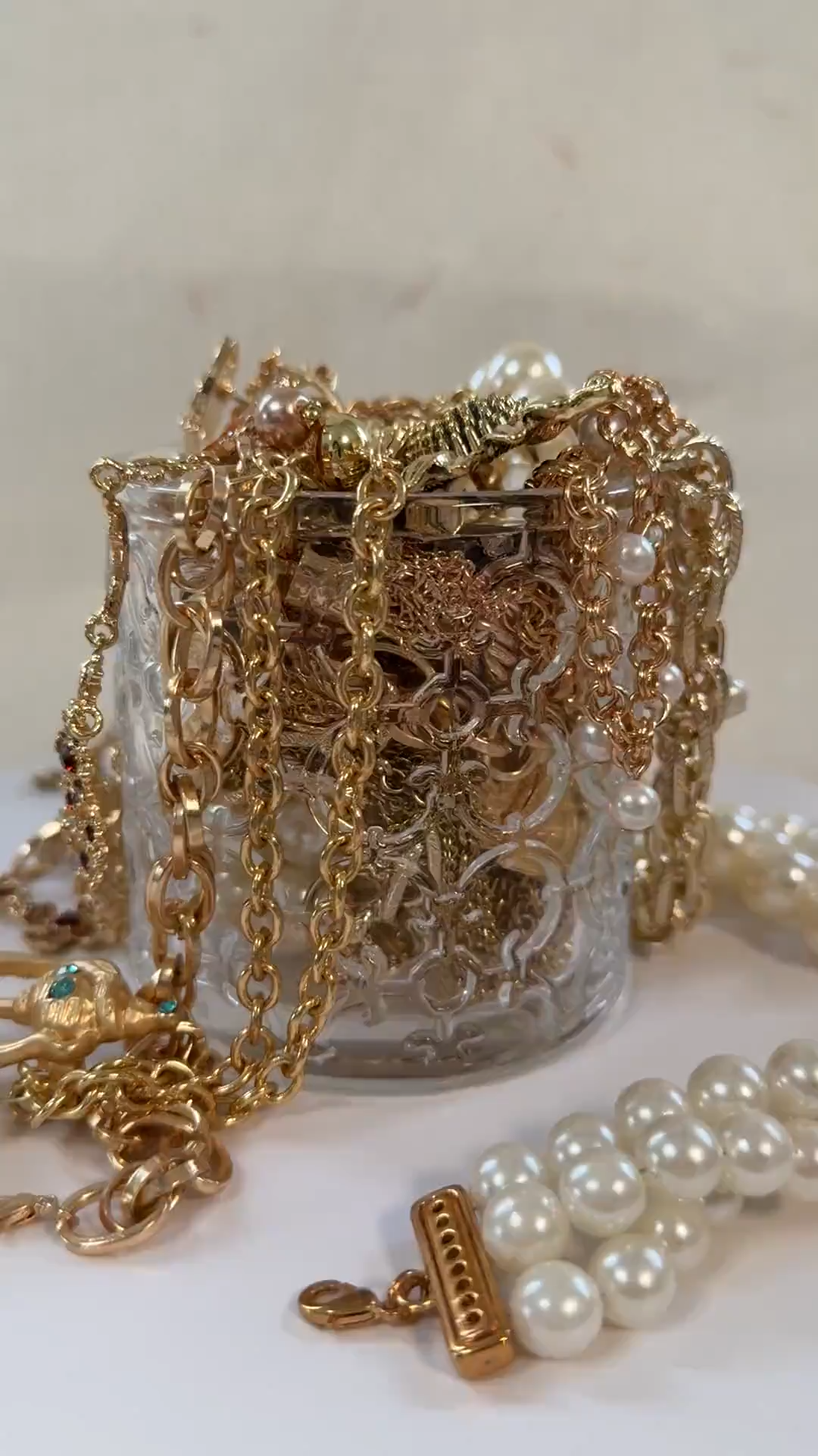 Vintage Inspired Gold Tone Mystery Jewelry Jar curated fashion jewelry assortment
