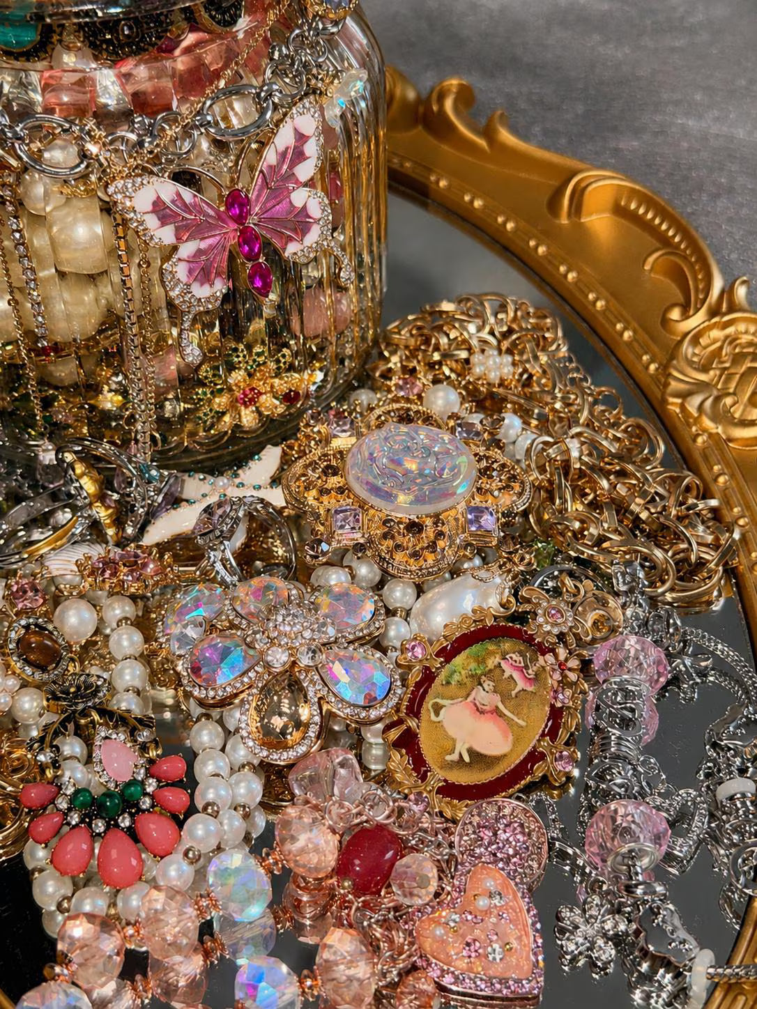 Pink Gold Tone Coquette Mystery Jewelry Jar curated fashion jewelry assortment