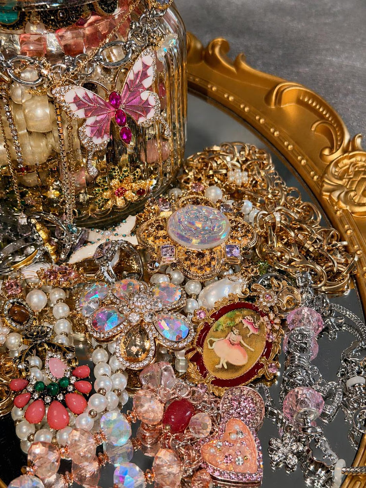 Pink Gold Tone Coquette Mystery Jewelry Jar curated fashion jewelry assortment