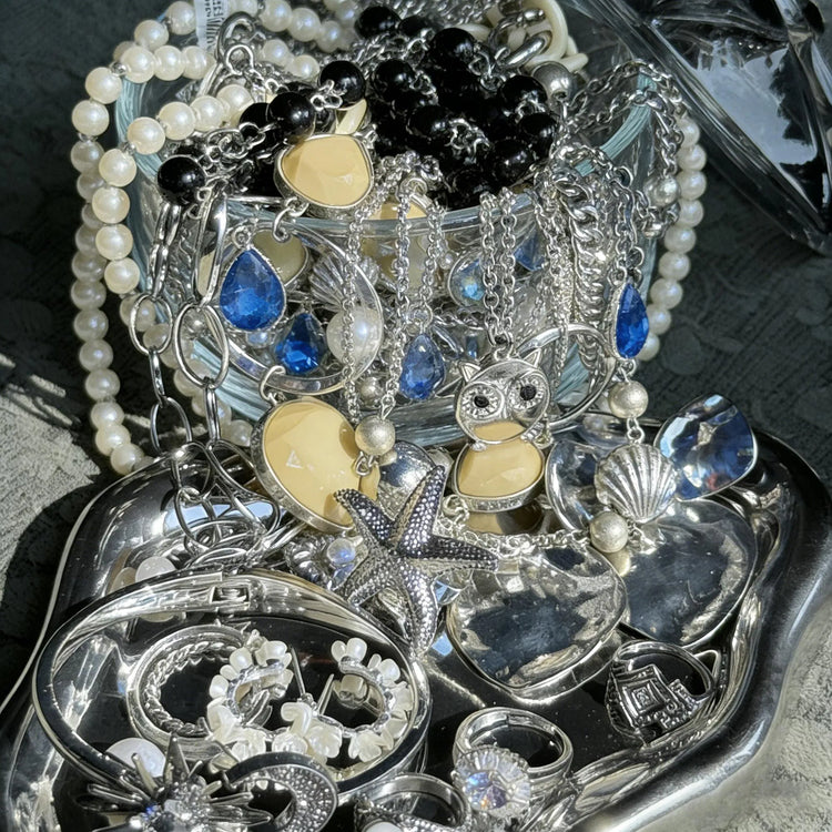 Vintage Inspired Silver Tone Mystery Jewelry Jar curated fashion jewelry assortment