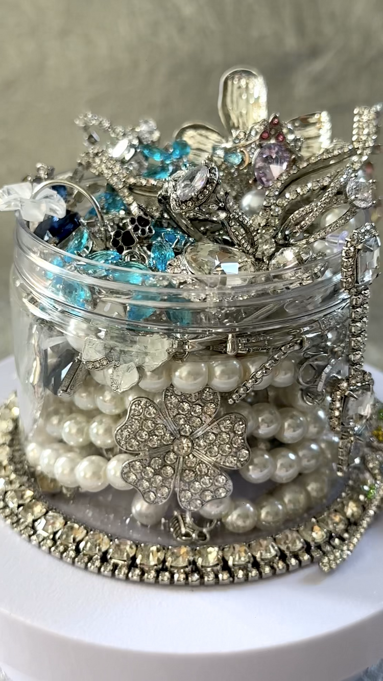 Vintage Inspired Silver Tone Treasure Mystery Jewelry Jar curated fashion jewelry assortment