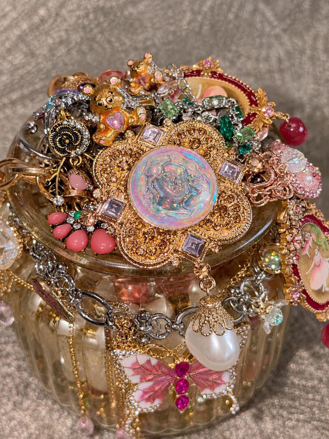 Pink Gold Tone Coquette Mystery Jewelry Jar curated fashion jewelry assortment