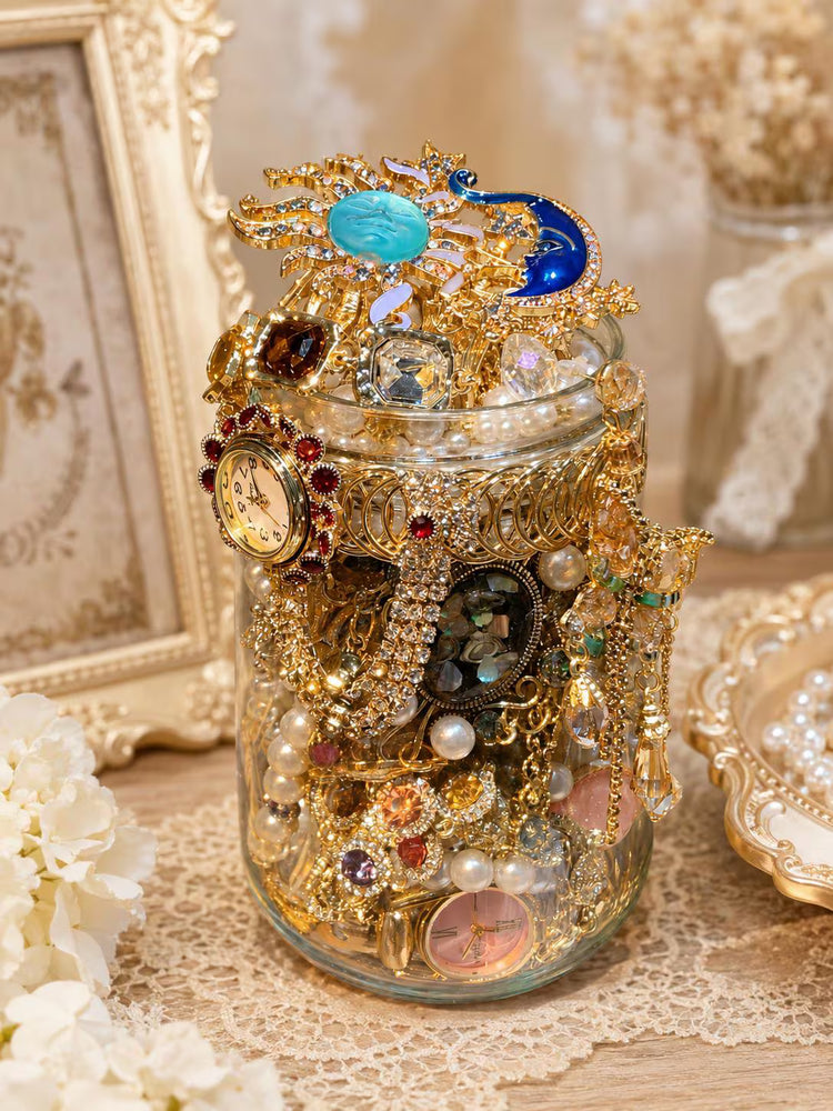 Vintage Inspired Gold Tone Mystery Jewelry Jar curated fashion jewelry assortment