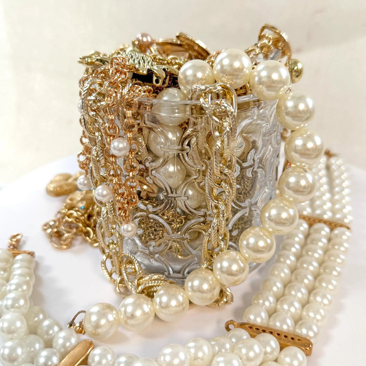 Vintage Inspired Gold Tone Mystery Jewelry Jar curated fashion jewelry assortment