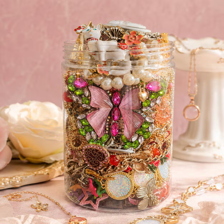 Pink Gold Tone Coquette Mystery Jewelry Jar curated fashion jewelry assortment