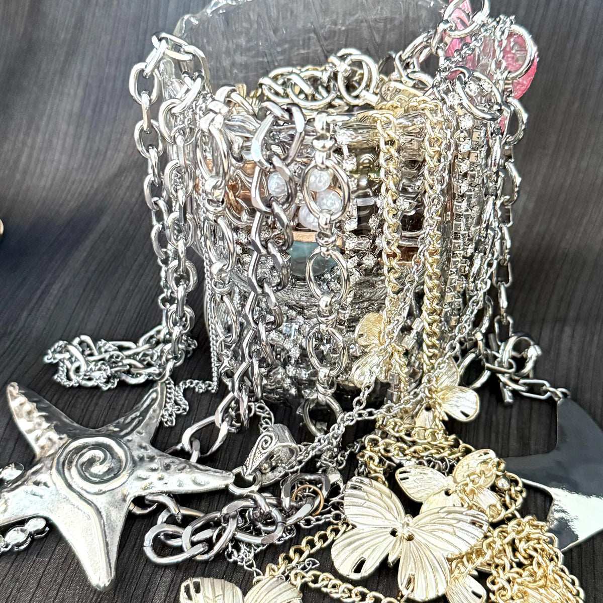 Silver Tone Mystery Jewelry Jar curated fashion jewelry assortment