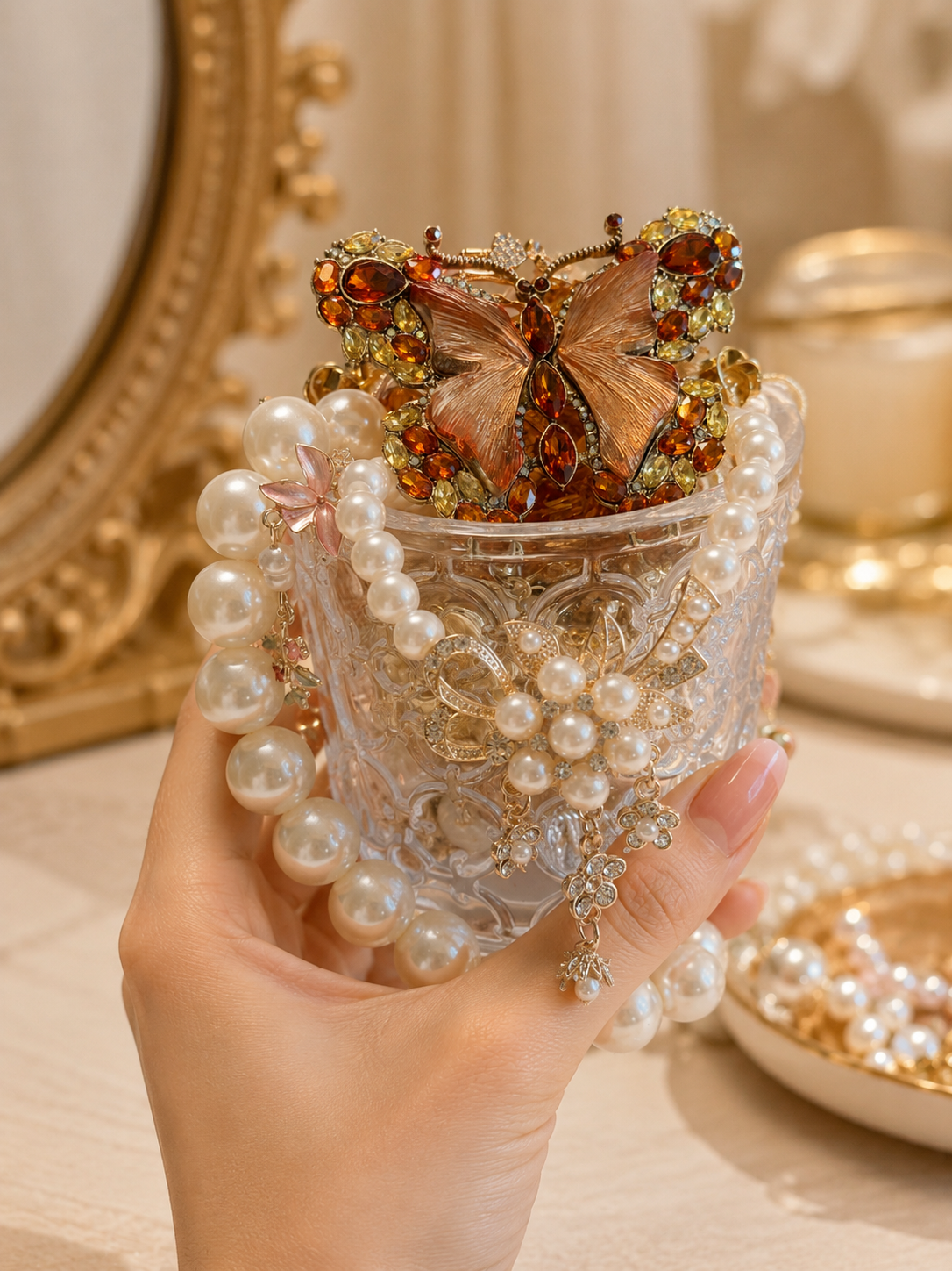 Gold Tone Pearl Style Mystery Jewelry Jar curated fashion jewelry assortment
