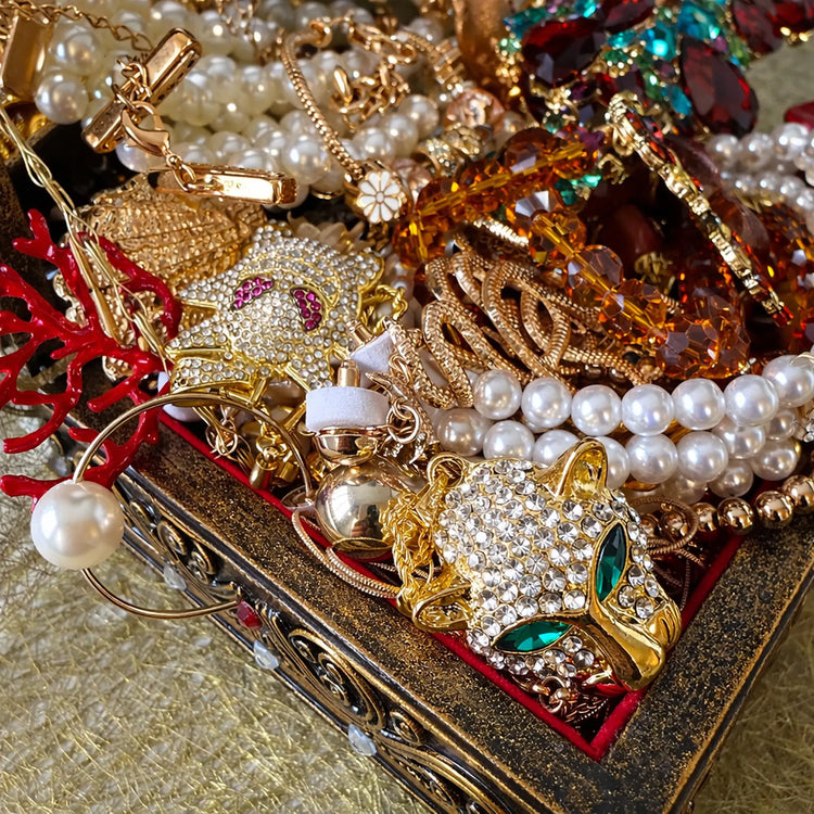 Vintage Inspired Gold Tone Mystery Jewelry Jar curated fashion jewelry assortment